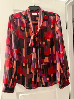 Liz Claiborne Red Geometric Tie-Neck Blouse